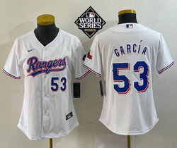 Women's Nike Texas Rangers #53 Adolis Garcia 53 in front 2023 World Series White Authentic Stitched MLB Jersey