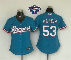 Women's Nike Texas Rangers #53 Adolis Garcia Light Blue 2023 World Series Champions Authentic Stitched MLB Jersey
