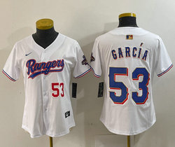 Women's Nike Texas Rangers #53 Adolis Garcia White Champions Gold name Red 53 front Authentic Stitched MLB Jersey