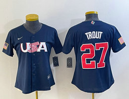 Women's USA Team #27 Mike Trout Blue 2023 World Baseball Classic Authentic Stitched Jersey