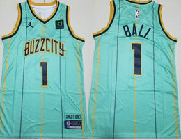 Youth Jordan Charlotte Hornets #1 LaMelo Ball Sky blue Green With Advertising jersey