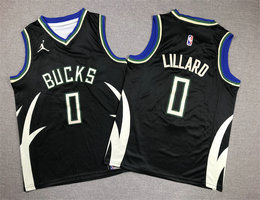 Youth Jordon Nike Milwaukee Bucks #0 Damian Lillard Black Authentic Stitched NBA Jersey