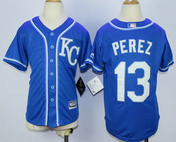 Youth Kansas City Royals #13 Salvador Perez Royal Blue KC Authentic Stitched MLB Jersey