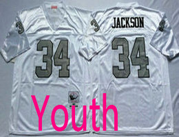 Youth Mitchell And Ness Oakland Raiders #34 Bo Jackson White With Silver No Throwback Jersey