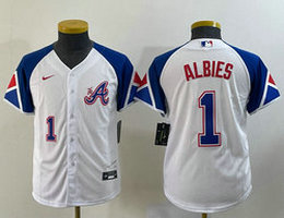 Youth Nike Atlanta Braves #1 Ozzie Albies #1 front 2023 City Authentic Stitched MLB Jersey