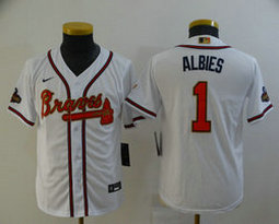 Youth Nike Atlanta Braves #1 Ozzie Albies White Gold Red number Champions Game Authentic Stitched MLB Jersey