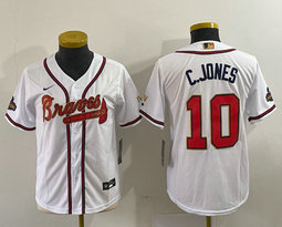 Youth Nike Atlanta Braves #10 Chipper Jones White Gold Red number Champions Authentic Stitched MLB Jersey