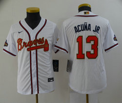 Youth Nike Atlanta Braves #13 Ronald Acuna Jr White Gold Red number Champions Game Authentic Stitched MLB Jersey