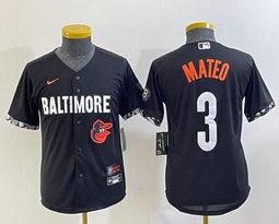 Youth Nike Baltimore Orioles #3 Jorge Mateo Black 2023 City Team Logo on front Authentic Stitched MLB Jersey