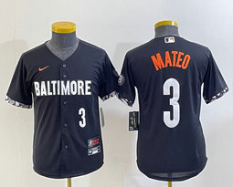 Youth Nike Baltimore Orioles #3 Jorge Mateo Black 2023 City White 3 on front Authentic Stitched MLB Jersey