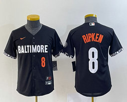 Youth Nike Baltimore Orioles #8 Cal Ripken Black 2023 City Red 8 on front Stitched MLB Jersey