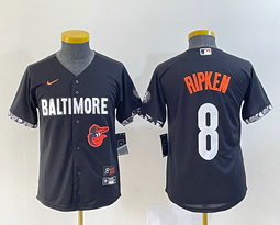 Youth Nike Baltimore Orioles #8 Cal Ripken Black 2023 City Team Logo on front Stitched MLB Jersey