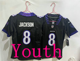 Youth Nike Baltimore Ravens #8 Lamar Jackson Black 2026 Authentic Stitched NFL Jersey