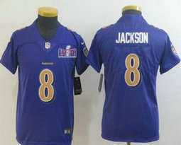 Youth Nike Baltimore Ravens #8 Lamar Jackson Purple Rush With 2024 Super Bowl (LVIII ) patch Jersey