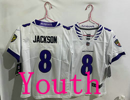Youth Nike Baltimore Ravens #8 Lamar Jackson White 2026 Authentic Stitched NFL Jersey