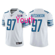 Youth Nike Detroit Lions #97 Aidan Hutchinson White With 2024 Super Bowl (LVIII ) patch Jersey