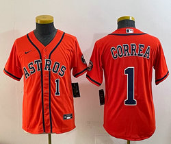 Youth Nike Houston Astros #1 Carlos Correa Orange #1 front Sleeve with Logo MLB Jersey