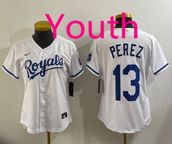 Youth Nike Kansas City Royals #13 Salvador Perez White Authentic Stitched MLB Jersey