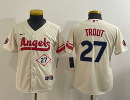 Youth Nike Los Angeles Angels of Anaheim #27 Mike Trout Cream 27 in front City Authentic Stitched MLB Jersey