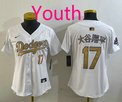 Youth Nike Los Angeles Dodgers #17 大谷翔平 White Gold Name Champions Jersey