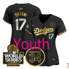 Youth Nike Los Angeles Dodgers #17 Shohei Ohtani Black Gold with 34 patch 2024 World Series Jersey