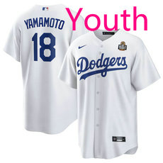 Youth Nike Los Angeles Dodgers #18 Yoshinobu Yamamoto White 2024 World Series Baseball Jersey