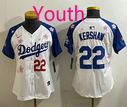 Youth Nike Los Angeles Dodgers #22 Clayton Kershaw White Blue arm 2025 Tokyo Series Jersey