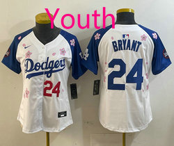 Youth Nike Los Angeles Dodgers #24 Kobe bryant White #24 Blue arm 2025 Tokyo Series Jersey