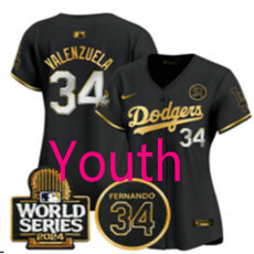 Youth Nike Los Angeles Dodgers #34 Fernando Valenzuela Black Gold with 34 patch 2024 World Series Jersey