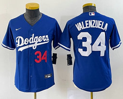 Youth Nike Los Angeles Dodgers #34 Fernando Valenzuela Blue Red 34 in front Authentic Stitched MLB Jersey