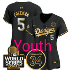 Youth Nike Los Angeles Dodgers #5 Freddie Freeman Black Gold with 34 patch 2024 World Series Jersey
