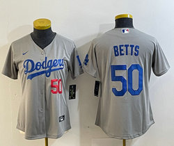 Youth Nike Los Angeles Dodgers #50 Mookie Betts Grey 50 on front Authentic Stitched MLB Jersey