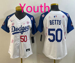 Youth Nike Los Angeles Dodgers #50 Mookie Betts White Blue arm 2025 Tokyo Series Jersey