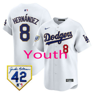 Youth Nike Los Angeles Dodgers #8 Enrique Hernandez White with 42 patch MLB jersey