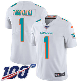 Youth Nike Miami Dolphins #1 Tua Tagovailoa 100th Season White Vapor Untouchable Jersey