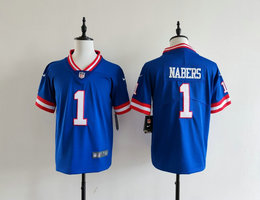 Youth Nike New York Giants #1 Malik Nabers Blue Throwback Stitched Football Jersey