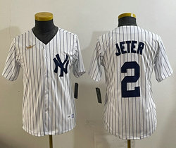 Youth Nike New York Yankees #2 Derek Jeter White Stripe With Name Throwback MLB Jersey