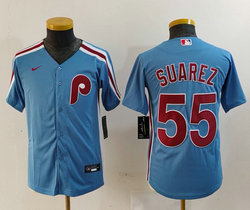Youth Nike Philadelphia Phillies #55 Ranger Suárez Blue Throwback Authentic Stitched MLB Jersey