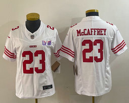 Youth Nike San Francisco 49ers #23 Christian McCaffrey White 2023 F.U.S.E With 2024 Super Bowl (LVIII ) patch Jersey