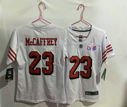 Youth Nike San Francisco 49ers #23 Christian McCaffrey White have the black outline With 2024 Super Bowl (LVIII ) patch Jersey
