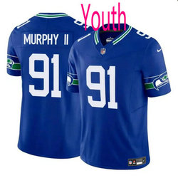 Youth Nike Seattle Seahawks #91 Byron Murphy II Blue Throwback 2024 Draft F.U.S.E Football Jersey