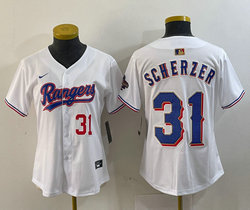 Youth Nike Texas Rangers #31 Max Scherzer White Champions Gold name Red 31 front Authentic Stitched MLB Jersey