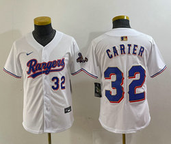 Youth Nike Texas Rangers #32 Evan Carter White Champions Gold name Blue 32 front Authentic Stitched MLB Jersey
