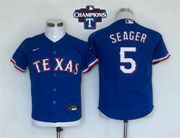 Youth Nike Texas Rangers #5 Corey Seager Light Blue 2023 World Series Champions Patch Texas Authentic Stitched MLB Jersey