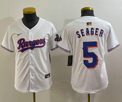 Youth Nike Texas Rangers #5 Corey Seager White Champions Gold name Authentic Stitched MLB Jersey