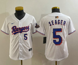 Youth Nike Texas Rangers #5 Corey Seager White Champions Gold name Blue 5 front Authentic Stitched MLB Jersey