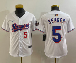 Youth Nike Texas Rangers #5 Corey Seager White Champions Gold name Red 5 front Authentic Stitched MLB Jersey