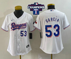 Youth Nike Texas Rangers #53 Adolis Garcia 53 in front 2023 World Series Champions White Authentic Stitched MLB Jersey