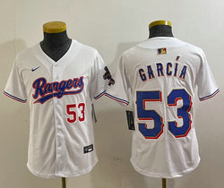Youth Nike Texas Rangers #53 Adolis Garcia White Champions Gold name Red 53 front Authentic Stitched MLB Jersey
