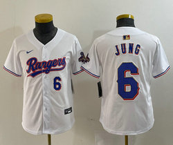 Youth Nike Texas Rangers #6 Josh Jung White Champions Gold name Blue 6 front Authentic Stitched MLB Jersey